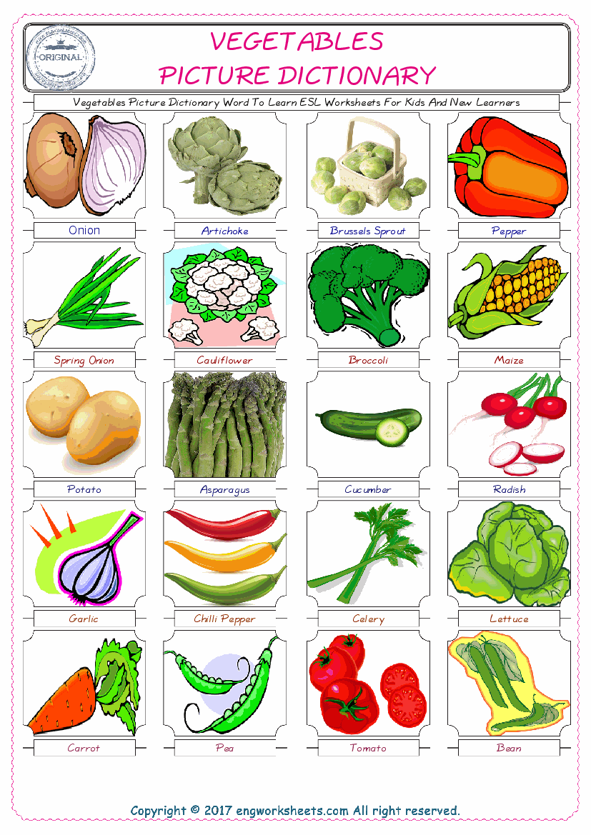  Vegetables English Worksheet for Kids ESL Printable Picture Dictionary 